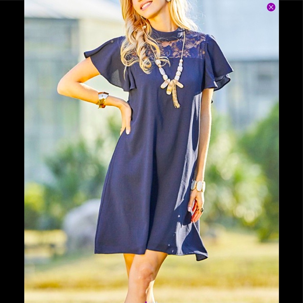 NWOT Navy Lace-Yolk Ruffle-Back Shift Dress